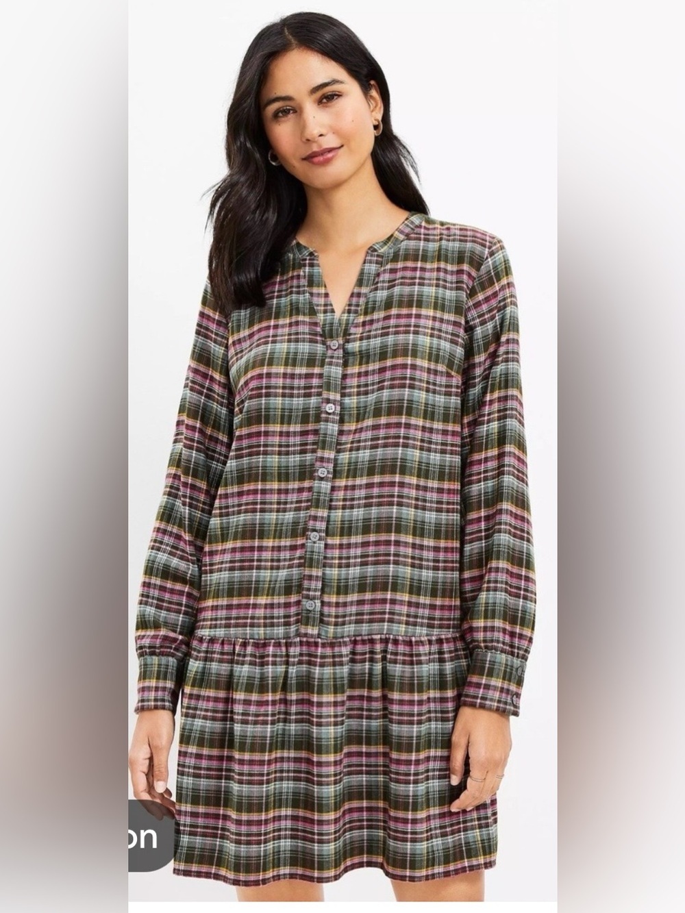 LOFT Olive and Pink Plaid Button-Down dress